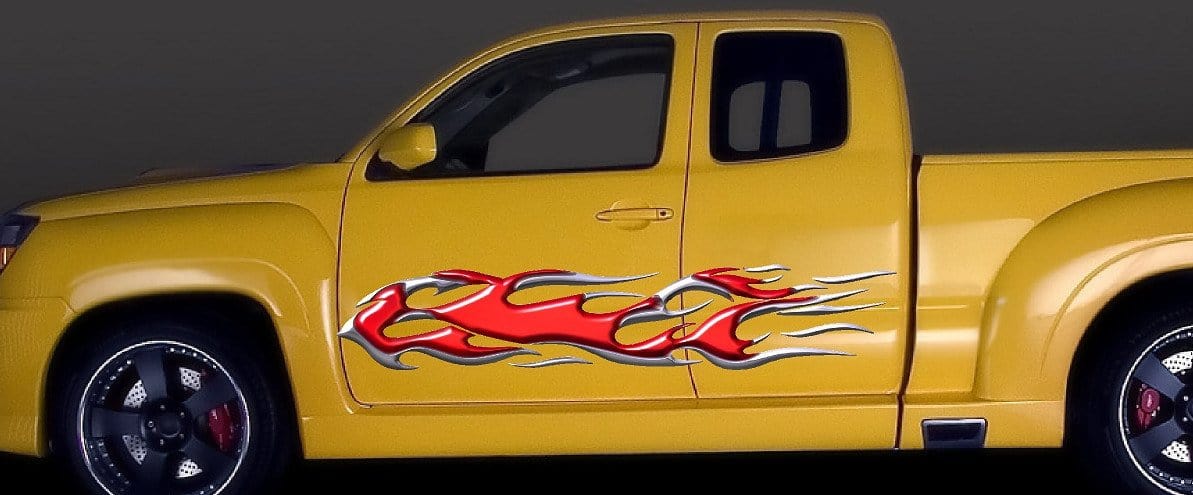 red 3d flames vinyl graphics on yellow truck